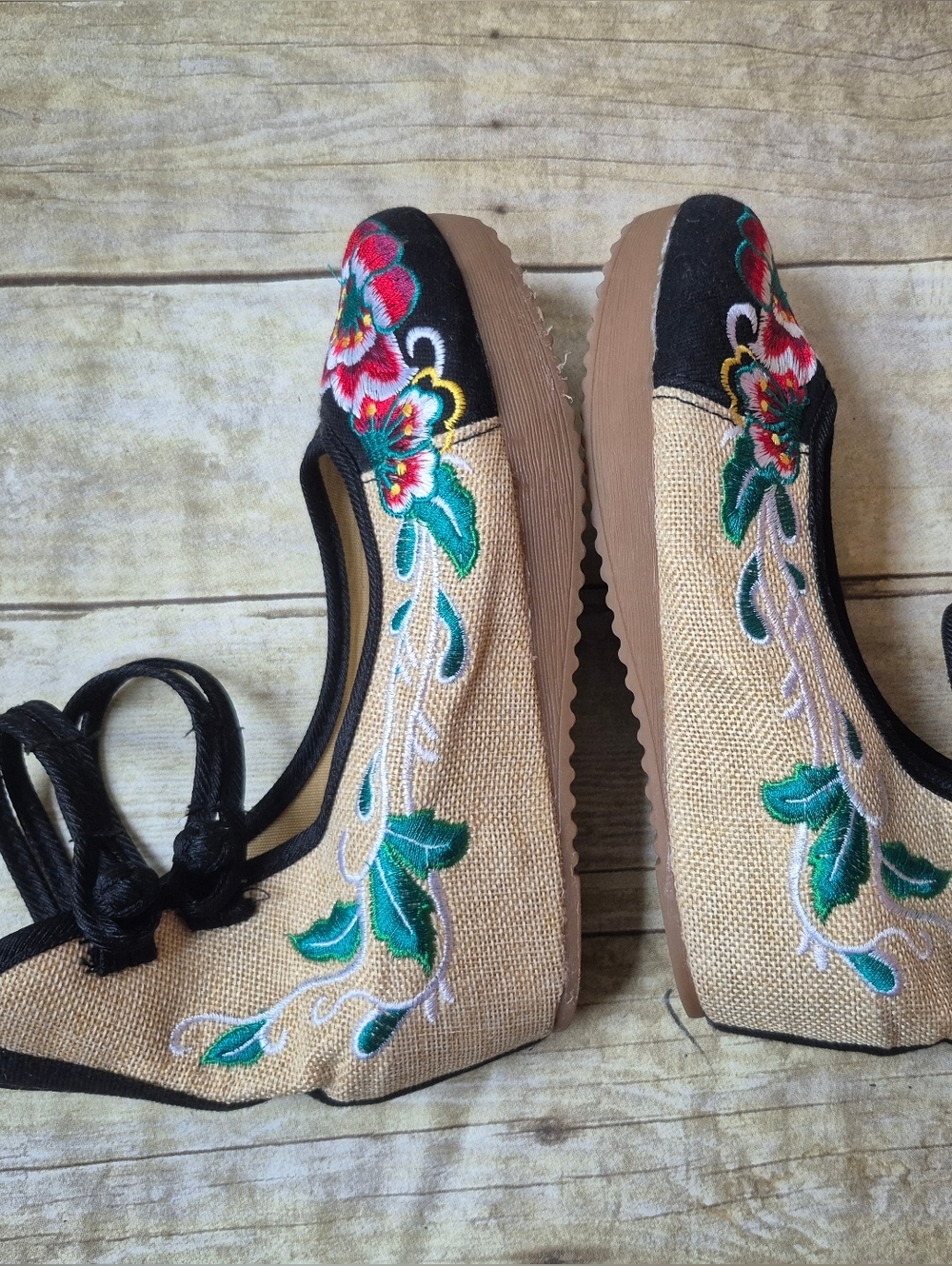 Black Embroidered Floral Ankle-Tie Wedges - Picture 4 of 14